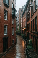 Naklejka premium Rain-Slicked Cobblestone Alleyway Moody Urban Solitude in Brick Passage, Atmospheric Street Photography for Travel Guides and Cinematic Mood Boards