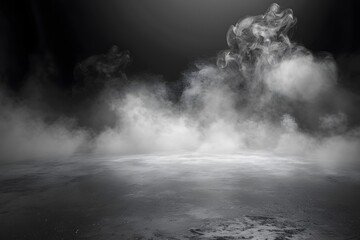 Fototapeta premium Black background with fog and smoke empty concrete floor for product display presentation in dark r 
