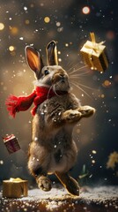 Festive bunny hopping joyfully with floating gifts and snowflakes