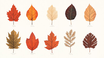 Autumn Leaf Collection  Botanical Illustration  Fall Foliage  Nature Print  Orange  Red  B