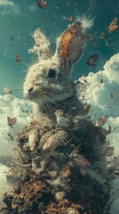 Surreal rabbit with butterflies in a dreamy fantasy landscape