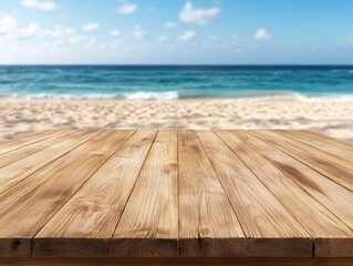 Fototapeta premium Serene Beach Escape Light Brown Wooden Planks on Sandy Beach with Ocean Horizon Relaxing Coastal Background for Product Display or Travel Ads