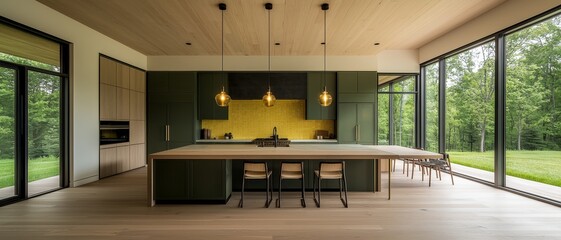 Serene Modern Kitchen Island with Natural Wood Charm and Verdant Views, Luxury Design Concept for Interior Decor
