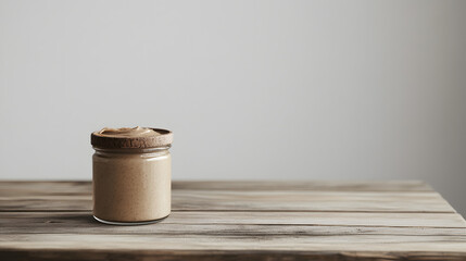 A clear glass jar with homemade almond butter placed on a plain wooden table exuding simplicity and wholesomeness.