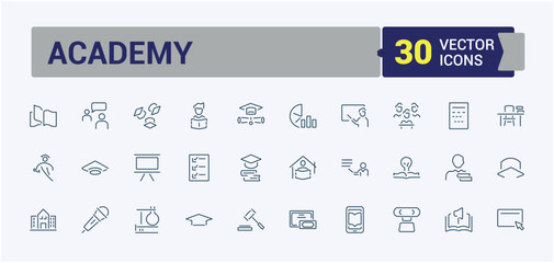 Set of Academy line icons. Contains related to globe, academy, learning, education, book and more. Isolated icons design. Editable stroke vector icon and illustration.