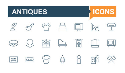 Antiques icon set. Featuring vintage, culture, antique, fossil, old, history, collectibles. Set of line pictogram. Editable stroke.