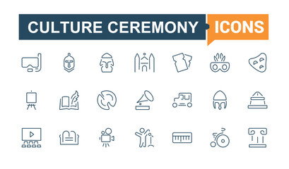 Art And Culture vector line icon set. Contains such icons as palette, television, comedy, isolated, microphone, brush, culture, paint. Collection for mobile and web apps. Editable vector stroke.