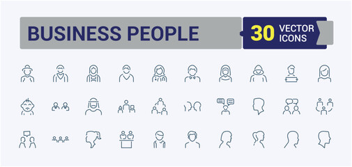 Business People icon collection. Contains such icons as collaborate, unity, motivation, people, culture, outline and more. Simple line vector.