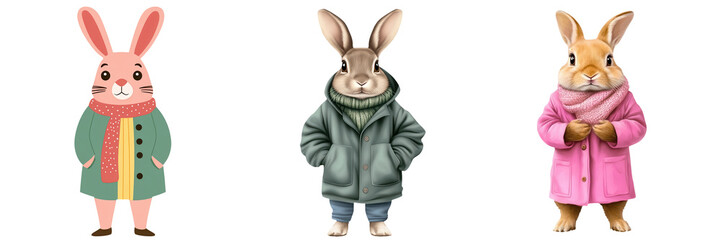 Three stylish rabbits wearing colorful coats, white isolate background.