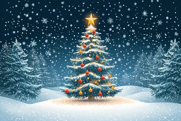 Obraz premium Christmas tree with a star on top and red and gold ornaments at night under the snow. Christmas card, wallpaper.