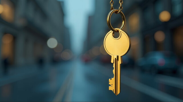 A golden key hangs on a chain on the street - Powered by Adobe