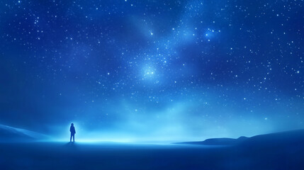 Fototapeta premium A lone figure gazes at a starlit sky over a tranquil landscape at night