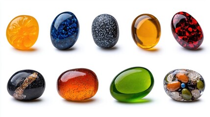 A photostock of a set of colorful gummy candies in spherical shapes on isolated on transparent PNG background, High Quality.