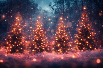 Naklejka premium Christmas trees with bright yellow lights at night in the snowy forest. Winter landscape.
