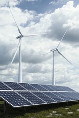 Sustainable Energy Harmony Closeup of Solar Panel Array and Wind Turbines in Serene Sky - Clean Energy Concept