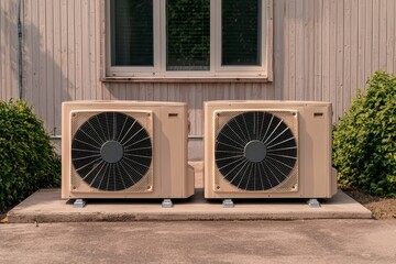 Symmetrical Beige Heat Pump Units Installation in Front of Modern Building, Green Shrubs, Functional Exterior Design Concept