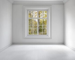 Fototapeta premium Symmetrical Elegance Tranquil Autumn View Through White Window Frame in Minimalistic Room
