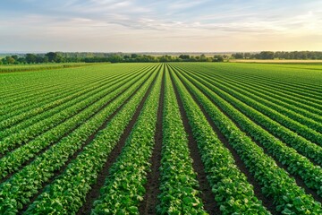 Symmetrical Green Crop Rows in Serene Agricultural Landscape at Sunrise - Lush Farm Field with Vibrant Crops and Rolling Hills, Ideal for Nature, Farming, and Sustainability Concepts
