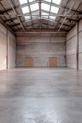 Symmetrical Industrial Space with Vast Concrete Floor and Skylights, Raw Minimalism in Neutral Tones for Architectural Design and Real Estate Concepts