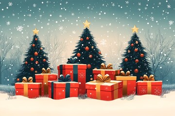Obraz premium Illustration of Christmas trees with ornaments and gift boxes under the snow. Christmas card.