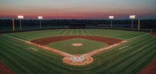 Obraz premium Symmetrical Serenity Aerial View of Meticulously Maintained Baseball Field at Twilight with Sunset Sky