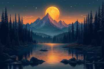 Majestic Mountains Sunset Lake And Full Moon