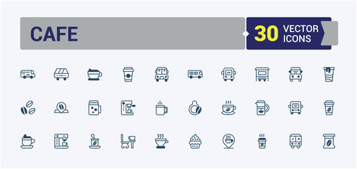 Naklejka premium Café line icons set. Includes thin line fast, caffeine, hot, espresso, menu, cappuccino, morning and more. Thin outline icons pack.