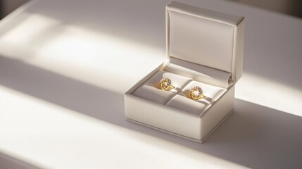 The image showcases stunning gold earrings inside a sleek white gift box, exuding elegance and simplicity, enhanced by soft, natural lighting for added allure to this luxurious accessory