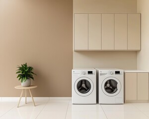 Symmetrical White Washing Machines in Minimalist Laundry Room Interior with Beige Cabinets and Neutral Palette - Calm and Clean Home Design Concept