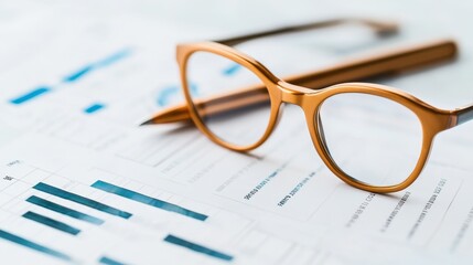 A pair of stylish glasses rests on a set of financial documents with charts and graphs, symbolizing analysis and insight into data.