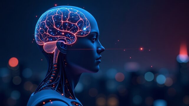 Side view of cyborg head with bright neon neural networks in brain on plain background