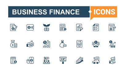 Business Finance linear icon collection. Containing accountant, payment, credit, economic, income, business, accounting. Outline icon collections. Vector illustration in modern line style.