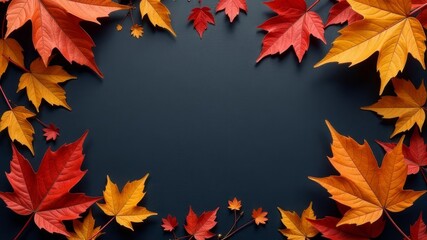 Fototapeta premium Frame of autumn leaves with empty center made for text on dark rustic background