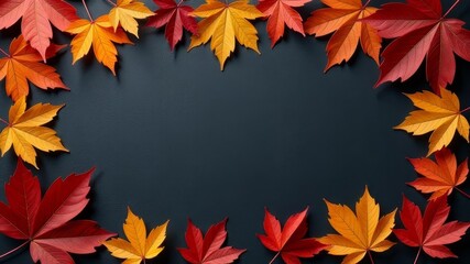Frame of autumn leaves with empty center made for text on dark rustic background