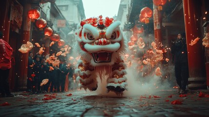 Lion dancers performing in the street surrounded by red decorations, cinematic shot capturing traditional energy and celebration