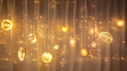 Obraz premium Glowing Glass Pendant Lights Boho Decor Warm Lighting Cozy Home String Lights Curtain