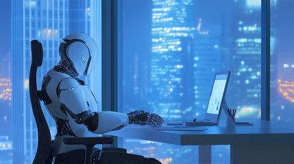 A robot working late at night in a modern office with city skyline views
