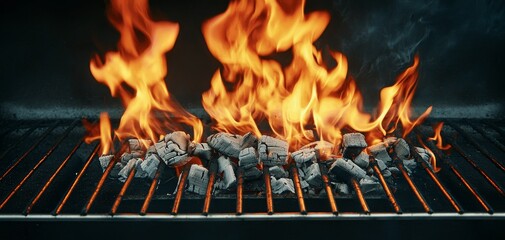Vibrant Flames on Charcoal Grill - Close-Up Cooking Scene with Dynamic Orange Fire, Outdoor BBQ Concept for Summer Grilling