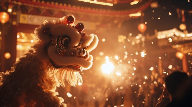 A lion dance performance in front of a decorated temple, energetic crowd and festive atmosphere, cinematic action