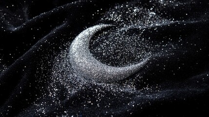 A shimmering crescent moon shape glimmers against a dark, textured background, creating a mystical and enchanting atmosphere.