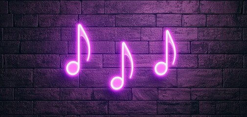 Vibrant Purple Neon Musical Notes on Dark Brick Wall - Moody Nightlife Concert Aesthetic