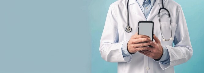 Doctor Using Smartphone Against Blue Background
