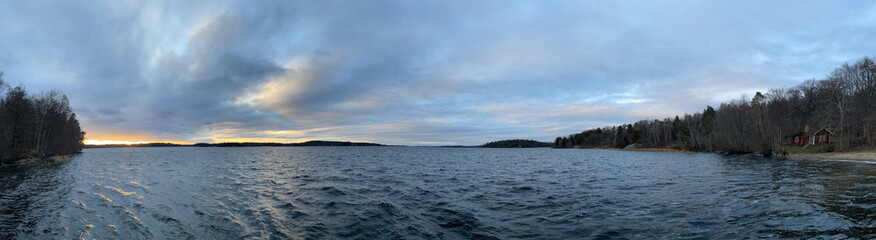 Panorama photo of the Swedish lake Mälaren. At Järfälla, Stockholm, Sweden. November 2024.