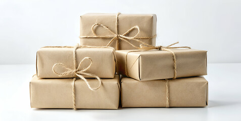 A stack of neatly wrapped brown paper packages tied with twine, presenting a simple and elegant gift presentation.