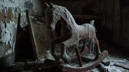 Haunted rocking horse covered in cobwebs resting in a forgotten, dilapidated room of an abandoned house