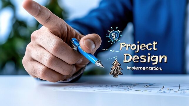 A photostock of a business professional pointing at a flowchart labeled "Project" with keywords like "Design" and "Implementation," suggesting strategic planning. High Quality