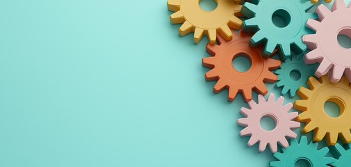 Whimsical Interconnected Cogwheels on Pastel Teal Background - Playful Machinery Concept in 3D Digital Illustration