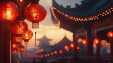 Chinese temple with red lanterns at sunset, glowing in preparation for the New Year, cinematic perspective