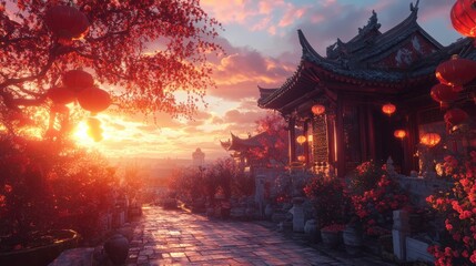 Fototapeta premium Chinese temple with red lanterns at sunset, glowing in preparation for the New Year, cinematic perspective