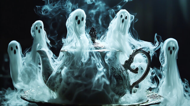 A haunted teapot surrounded by ghostly faces and swirling wisps of smoke in a darkened room